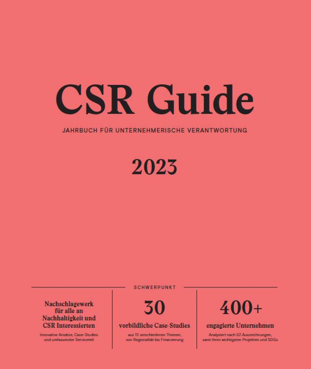 Auf einem orange-roten einfärbigen Hintergrund steht in schwarzen Buchstaben: CSR Guide 2023 , Jahrbuch für unternehmerische Verantwortung. 