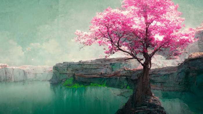 Gemälde eines pink blühenden Baumes, der auf einem Felsen inmitten eines Gewässers wächst.