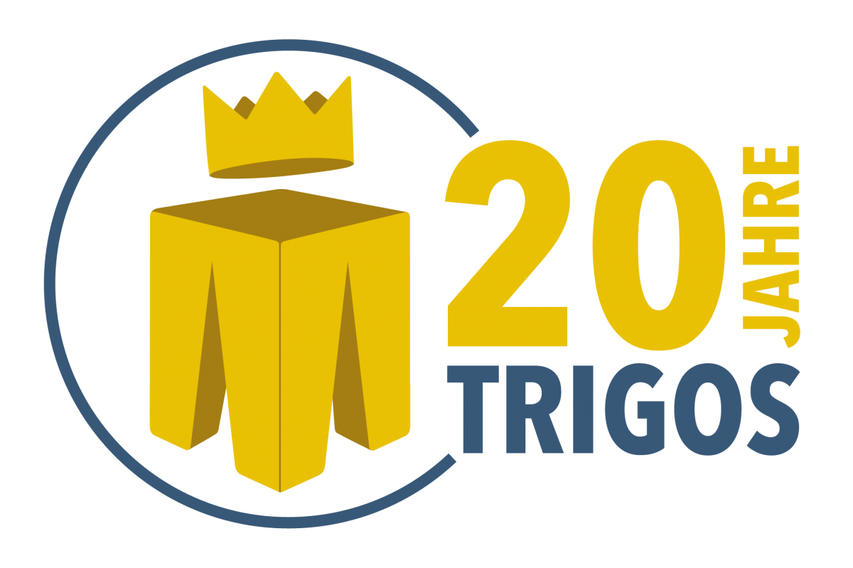 Das Bild zeigte das Symbol des TRIGOS in gold, mit einer goldenen Krone. Daneben steht geschrieben: 20 Jahre TRIGOS. 