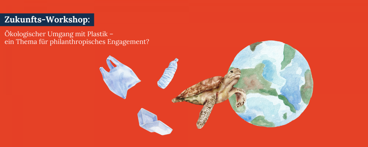 Am roten Hintergrund fliegen Plastiksackerl, Plastikflschen und mehr durch ein Fenster hinaus in die Umwelt. Man sieht eine Schildkröte.