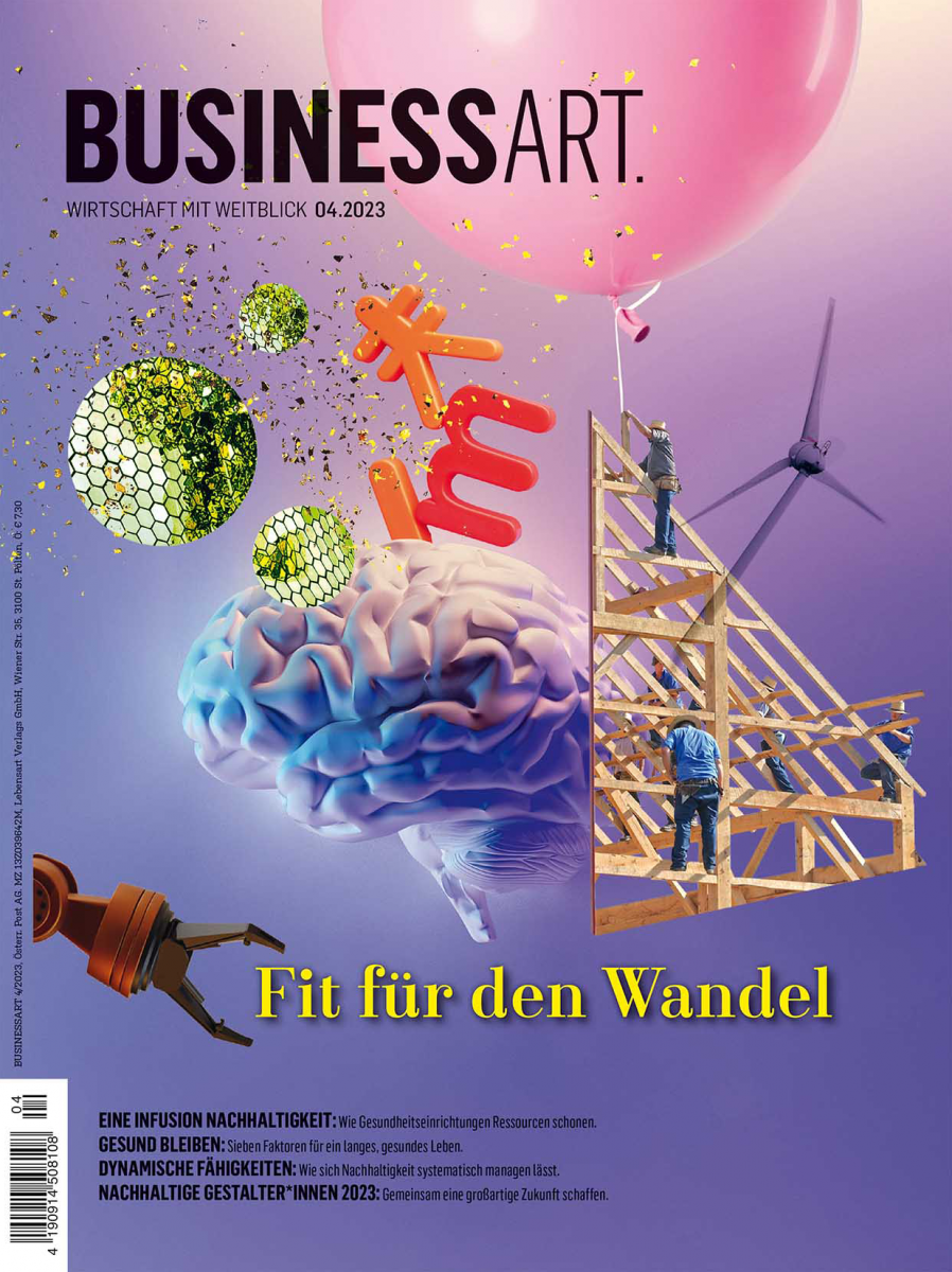Cover der BUSINESSART 04/2023 - Fit für den Wandel. Es zeigt eine Collage auf lilablauem Hintergrund: ein rosa Heliumluftballon, daran hängt ein Holzdachstuhl auf dem Arbeiter herumklettern, ein Windrad, ein Roboterarm und die 3D-Illustration eines Gehirn