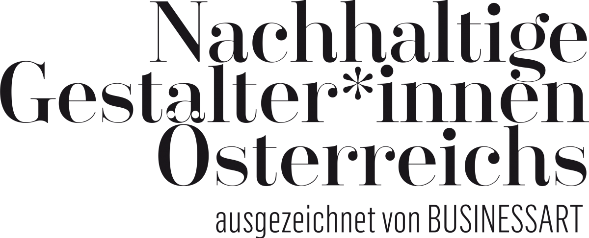 Schriftzug: Nachhaltige Gestalterinnen Österreichs, ausgezeichnet von BUSINESSART.