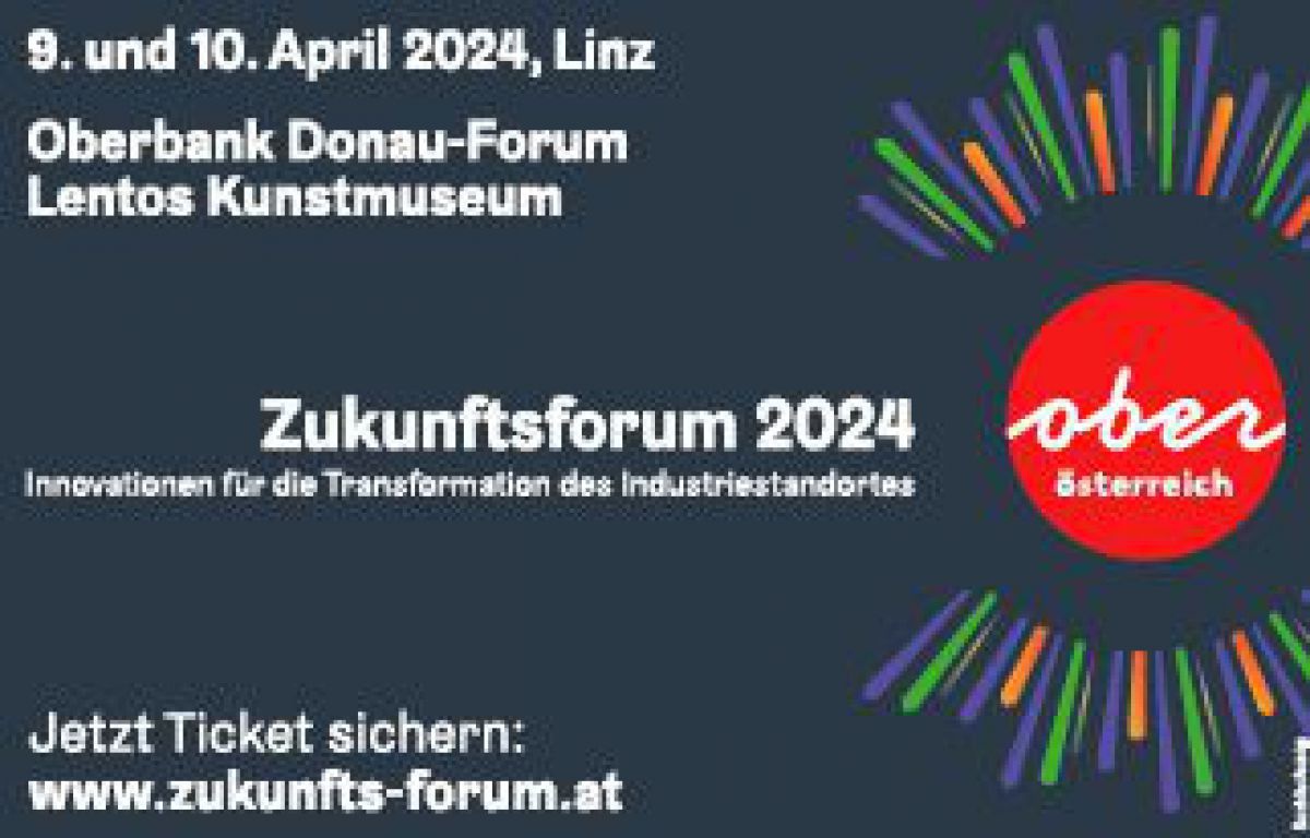 Auf einem schwrzen Hintergrund stehen die Eckdaten zum Zukunftsforum Oberösterreich 2024 in weißer Schrift. Oberösterreich ist als rote Sonne mit rot/grün/blauen Sonnenstrahlen dargestellt.