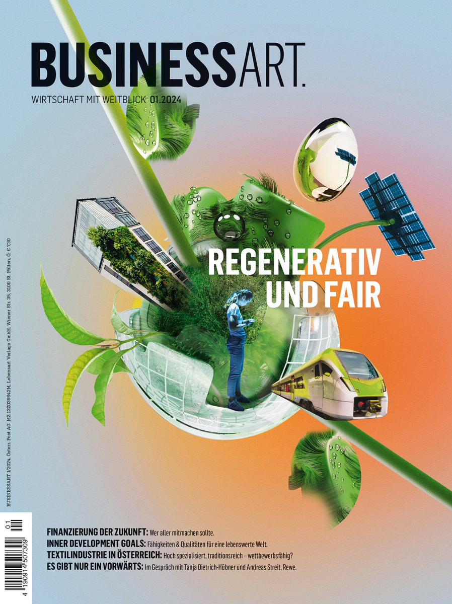 BUSINESSART - Wirtschaft mit Weitblick - 01/2024 - REGENERATIV UND FAIR - Das Coverbild zeigt eine Collage aus Sypmbolen für eine nachhaltige Zukunft: Solarblume, klare Wassertropfen, viele grüne Pflanzen, begrünte Gebäude, öffentliche Verkehrsmittel, ein