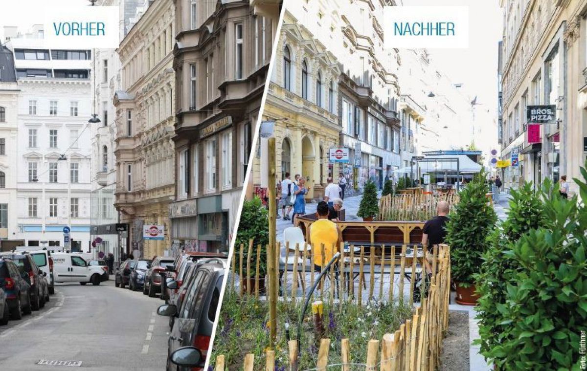 Ein vorher-nachher Bild: eine Straße mit Autos, ohne grün. Am zweiten Bild eine Straße mit Bäumen, Blumen und Menschen, die durchschlendern.