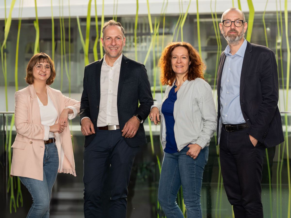 Das Team von 36°: Vera Pichler, Andreas Hieger, Birgit Gahleitner und Roman Mesicek. Die vier stehen in einer Reiche vor einer Glaswand mit hellgrünem Muster aus stilisierten Grashalmen.