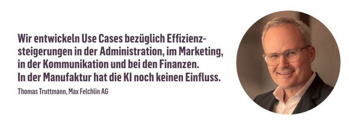 Portraitfoto Thomas Truttmann: Mann mit weißem Haar und Brille, trägt weißes Hemd mit offenem Kragen, darüber schwarzes Sakko. Text: Wir entwickeln Use Cases bezüglich Effizienzsteigerungen in der Administration, im Marketing, in der Kommunikation und bei