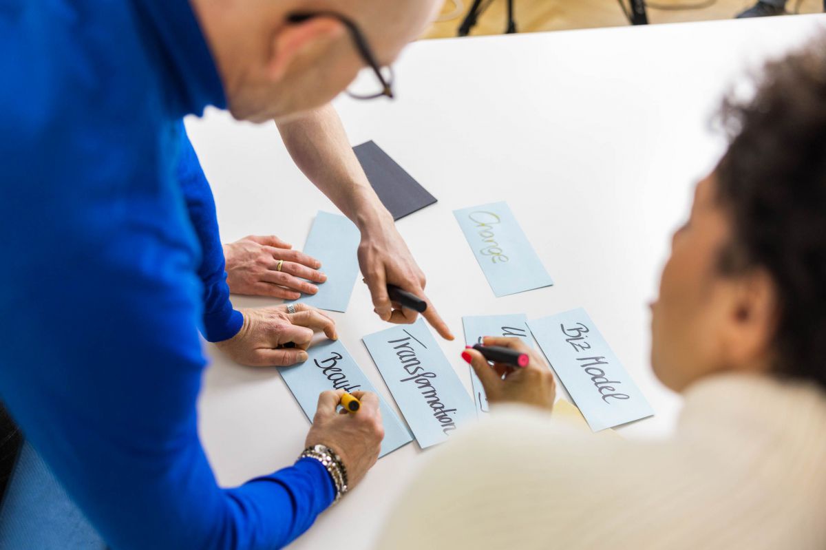 Menschen arbeiten zusammen an einem Tisch und schreiben Begriffe wie 
