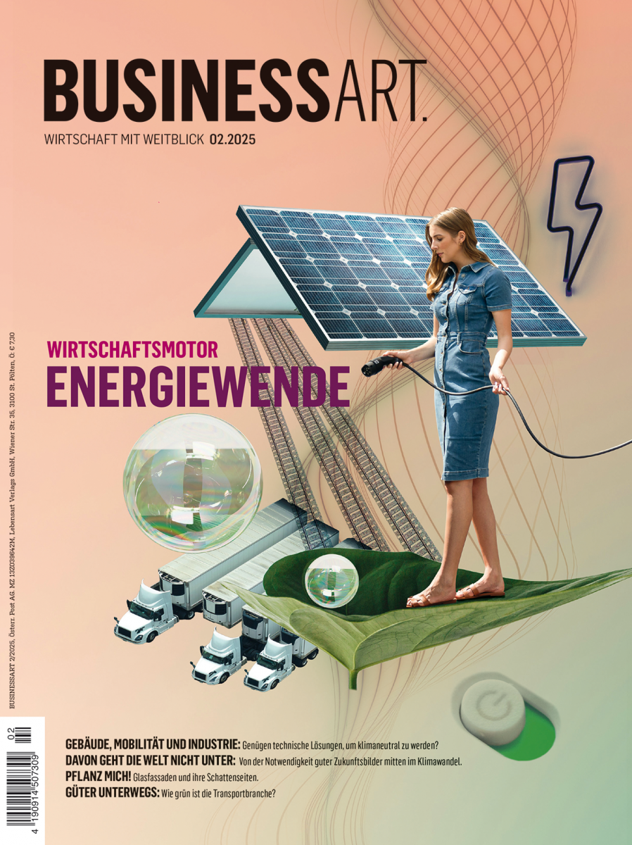 Am Cover sieht man eine Frau mit einem Tankkabel für ein Elektroauto. Sie steht auf einem grünen Blatt. Daneben und darunter: Schienen, eine Solaranlage, gläserne Kugeln, Lkws.