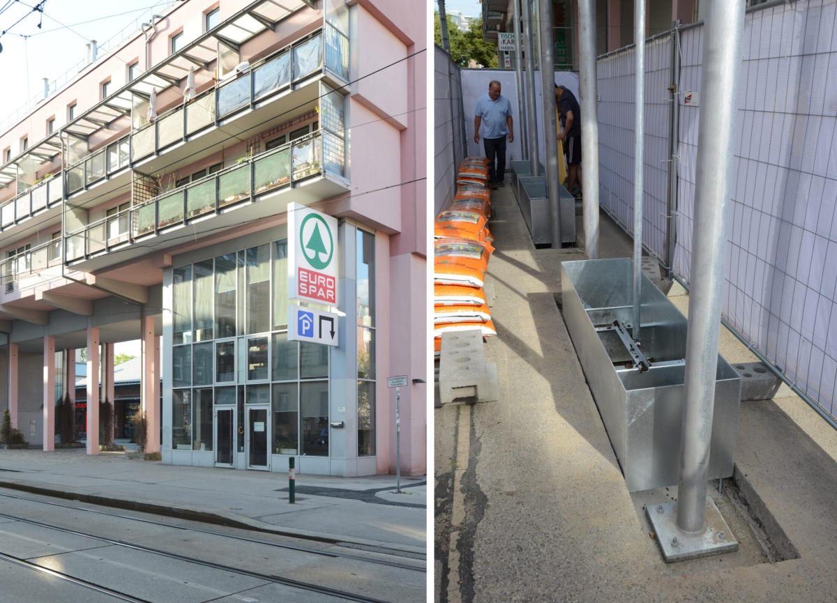 links: das mehrstöckige Bürogebäude in der Wiener Kreuzgasse hat Glasfronten im Eingangsbereich über die ersten drei Geschoße. rechts ein Bild von der Baustelle: in den Gehsteig vor dem Gebäude wurden Betonfundamente für Stahlgerüste und Tröge eingebaut.