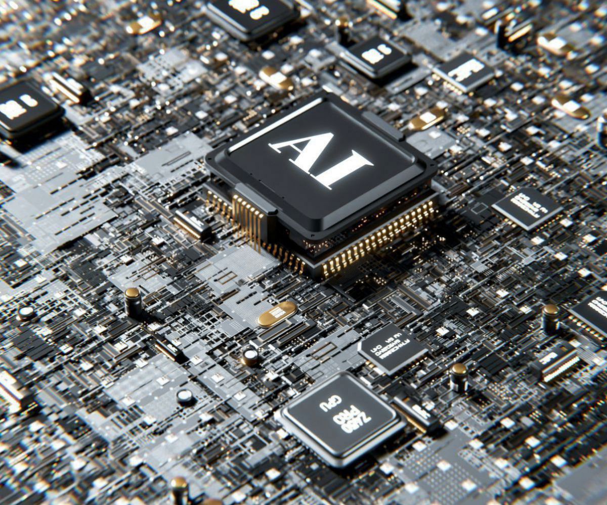 Auf einem Computerinnenleben liegt ein Chip mit AI als Beschriftung darauf. 
