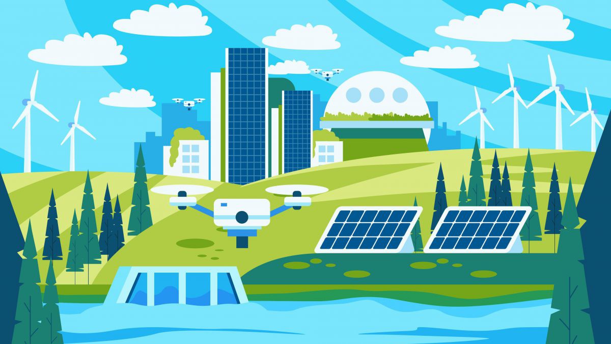 Illustration einer Landschaft in der Zukunft: Zwischen futuristisch Anmutenden Gebäuden sind Windräder, Photovoltaikanlagen und ein Fluss mit Wasserkraftwerk abgebildet. Die Wiesen sind grün, das Wasser ist sauber, der Himmel blau mit weißen Schäfchenwolk
