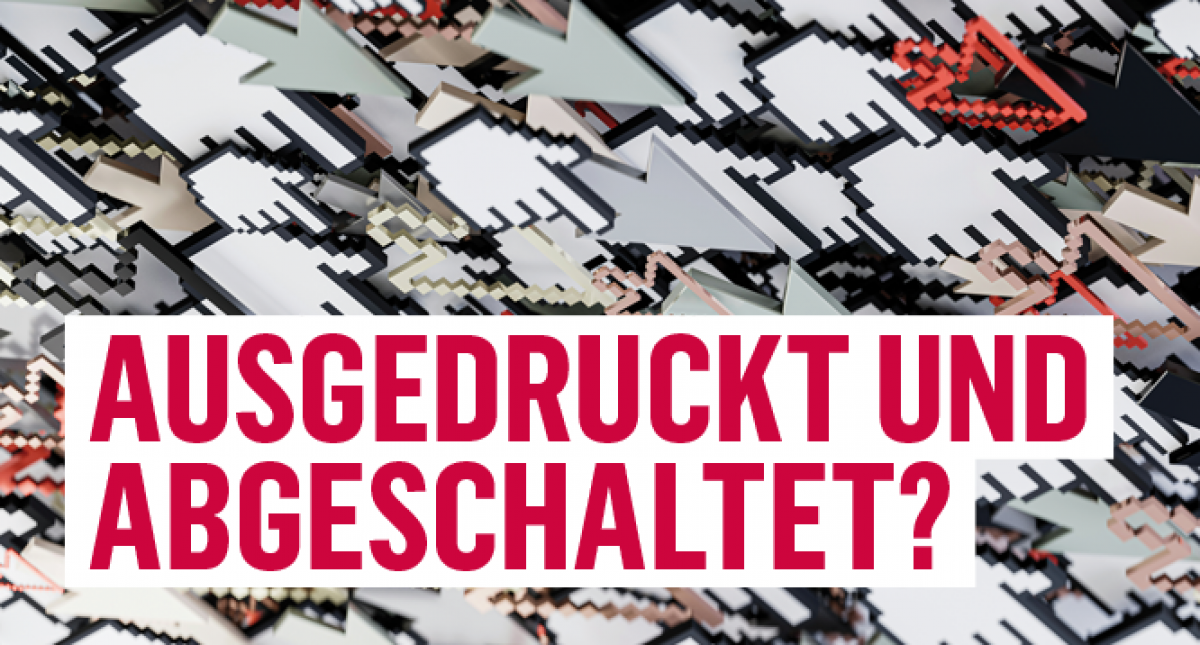 Das Bild zeigt eine digitale Collage aus Computermaus-Zeiger-Symbolen wie die zeigende Hand und den Pfeil. Die Collage ist in den Farben Weiß, Schwarz und Rot gehalten. Titel in roter Blockschrift: 