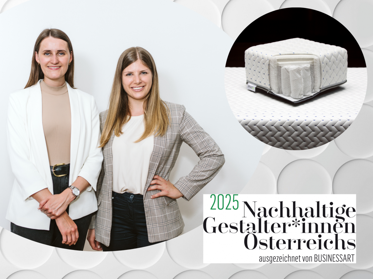 Zwei junge Frauen in einem ovalen Bildausschnitt, daneben in einem runden Ausschnitt ein Matratzen-Muster, bei dem man den Querschnitt sieht. Bildhintergrund ist ein weißes, reliefartiges Muster aus Kreisen. Rechts unten im Eck ist das Logo der Nachhaltig