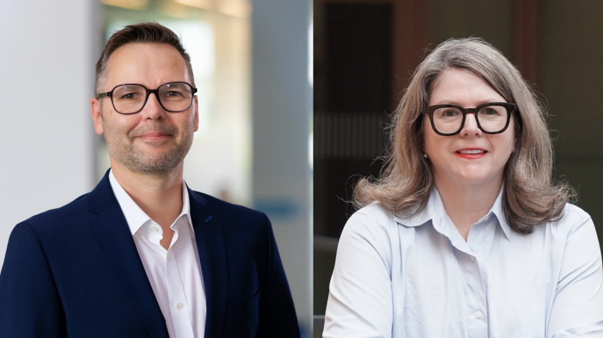 Peter Stepanek, Studiengangsleiter des Masterstudiums Sozialwirtschaft an der Hochschule Campus Wien und Beate Pawle, Leiterin des Bereichs Nachhaltige Hochschule und Assistentin der Geschäftsführung an der Fachhochschule Vorarlberg.