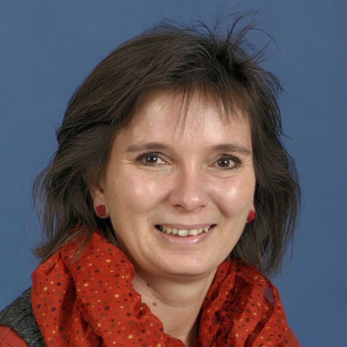 Portraitfoto von Barbara Fuchs: eine Frau mit braunen Haaren und braunen Augen lächelt in die Kamera, sie trägt rote Ohrstecker und ein rotes Halstuch mit bunten Tupfen. Der Hintergrund ist taubenblau.
