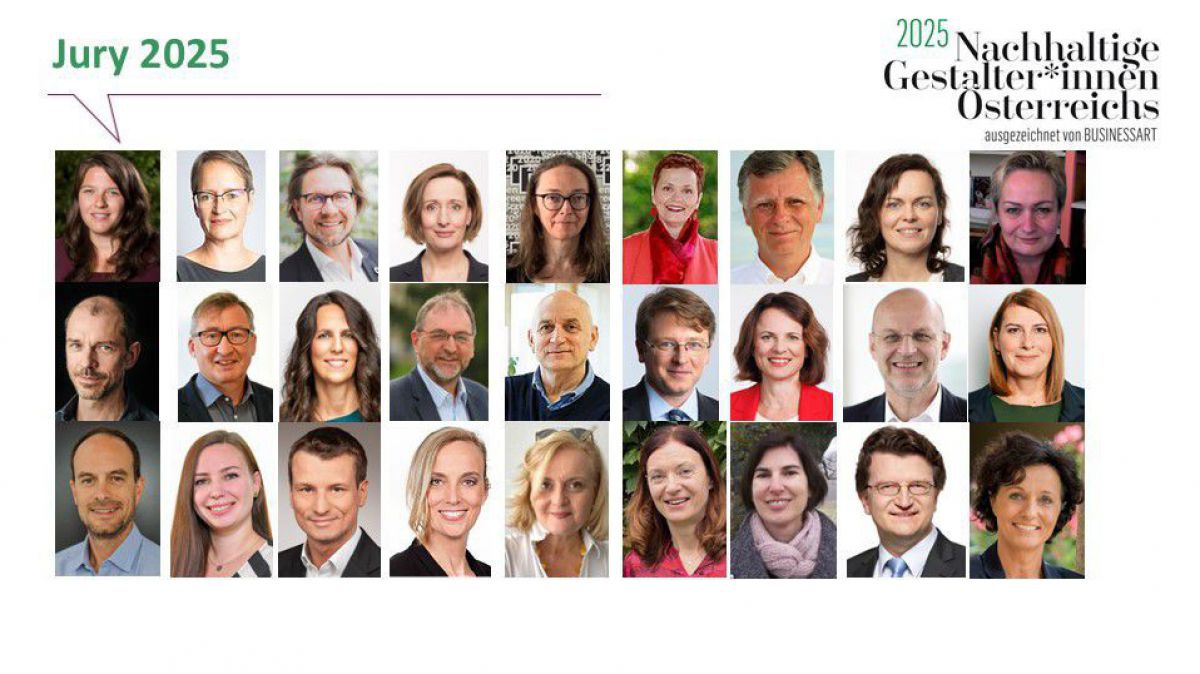 Ein Mosaik aus 27 kleinen Portraitfotos der Jurymitglieder von 2025 auf einem Bild. Links oben steht in grün: Jury 2025, rechts oben das Logo der Nachhaltigen Gestalter*innen Österreichs 2025, ausgezeichnet von BUSINESSART.