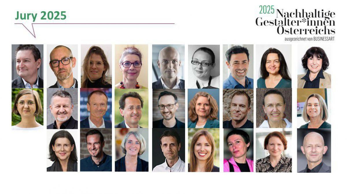 Ein Mosaik aus 26 kleinen Portraitfotos der Jurymitglieder von 2025 auf einem Bild. Links oben steht in grün: Jury 2025, rechts oben das Logo der Nachhaltigen Gestalter*innen Österreichs 2025, ausgezeichnet von BUSINESSART. 