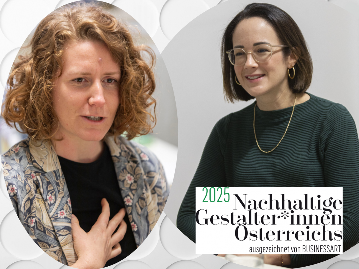 Sujet der Nachhaltigen Gestalter*innen 2025 (weißes reliefartiges Kreismuster als Hintergrund, Logo im rechten unteren Eck), in runden Bildausschnitten Fotos von Katharina Rogenhofer und Tina Deutsch im Gespräch.