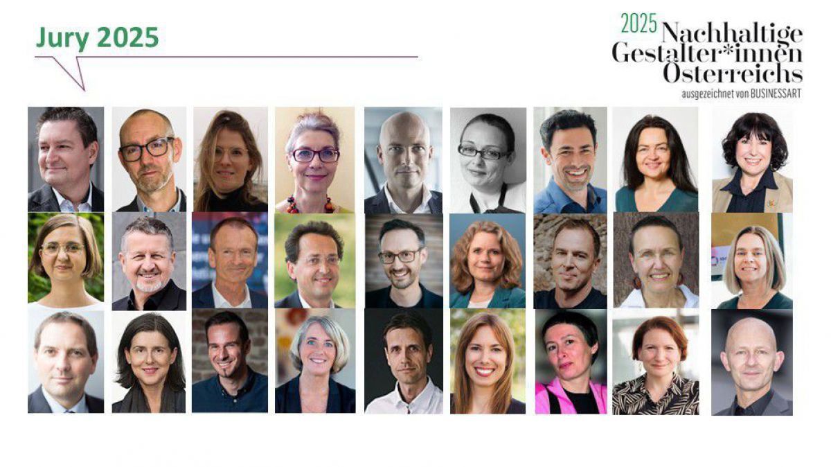 Ein Mosaik aus 27 kleinen Portraitfotos der Jurymitglieder von 2025 auf einem Bild. Links oben steht in grün: Jury 2025, rechts oben das Logo der Nachhaltigen Gestalter*innen Österreichs 2025, ausgezeichnet von BUSINESSART. 