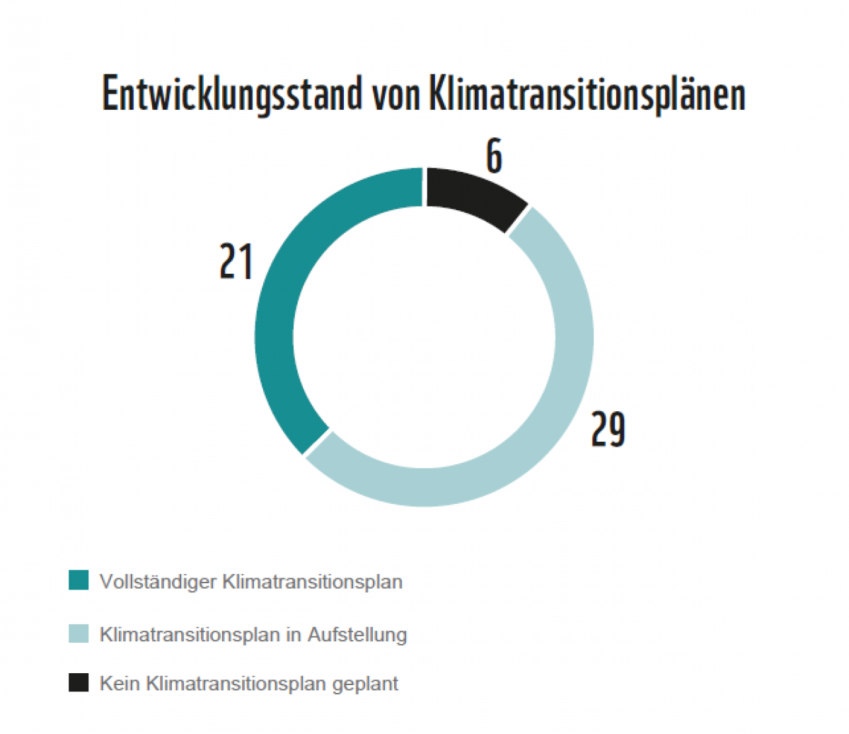 Eine Grafik zum Entwicklungsstand von Klimatransitionsplänen in Unternehmen. Das Ergebnis: 21 Unternehmen haben vollständige Pläne, 29 planen welche. 6 Unternehmen planen keine.