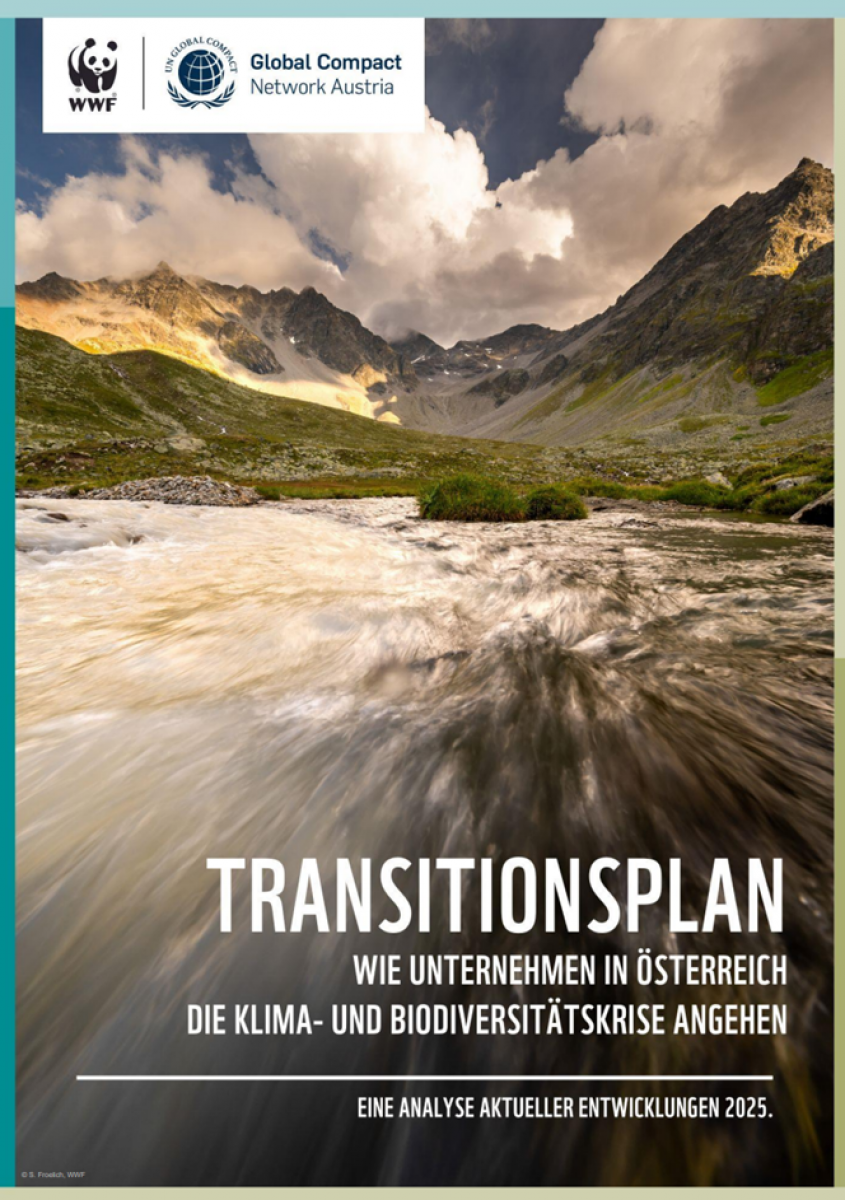 Das Cover der Veröffentlichung der Analyse zu den Transitionsplänen von WWF und Global Compact Network Austria.