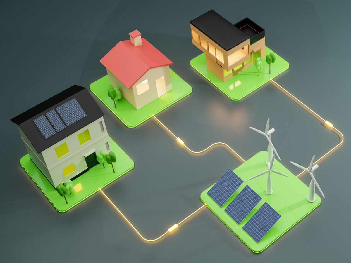 Illustration von drei Wohngebäuden, welche durch Stromleitungen mit einer Elektrizitätserzeugungsanlage mit Photovoltaik und Windrädern verbunden sind.