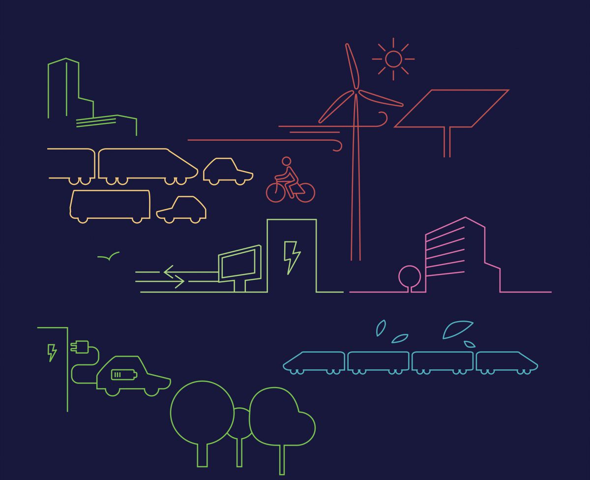Eine Grafik mit buten Strichzeichnungen von einem Windrad, einer Sonne, einer Solarpanele und anderem mehr als Symbolik für die erneuerbare  Energie-Produktion und Anpassung an den Klimawandel.