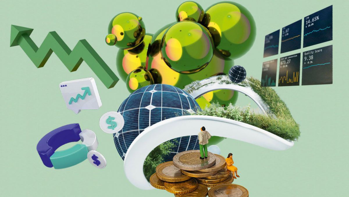 Symbolbild für Green Finance: eine Illustration mit Börsenkurs und Börsencharts, einem Münzenstapel auf dem Plastikfiguren von Menschen stehen, einem begrünten Kreis und anderem mehr