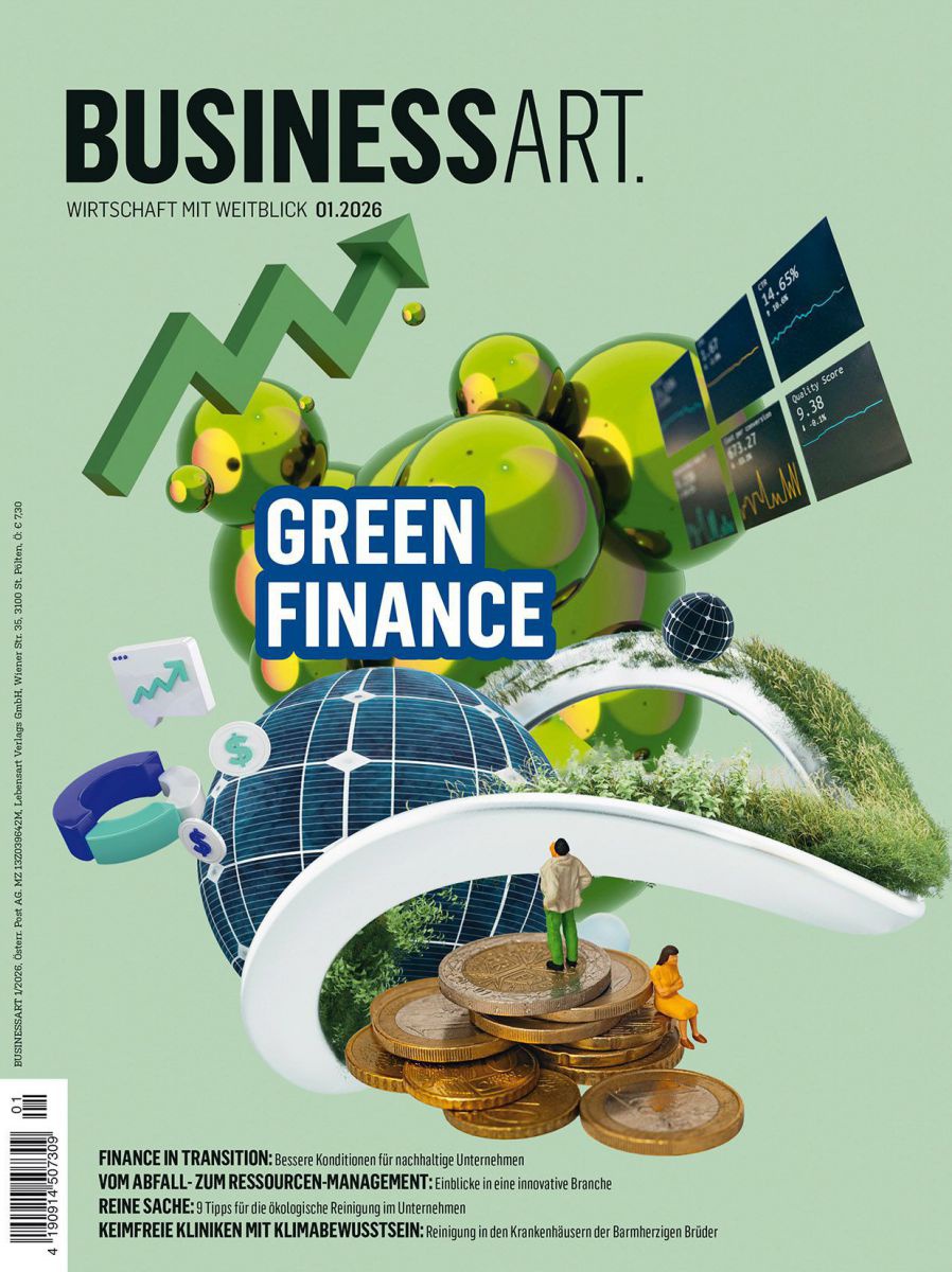 Auf der Coverabbildung der BUSINESSART 1/2026 sind auf grünem Hintergrund Symbole aus der Finanzwelt zu sehen wie ein steigender Börsenkurs, mehrere Finanzentwicklungscharts, ein Münzstapel und ein grüner Kreis auf dem eine Wiese wächst als Symbol für Kre