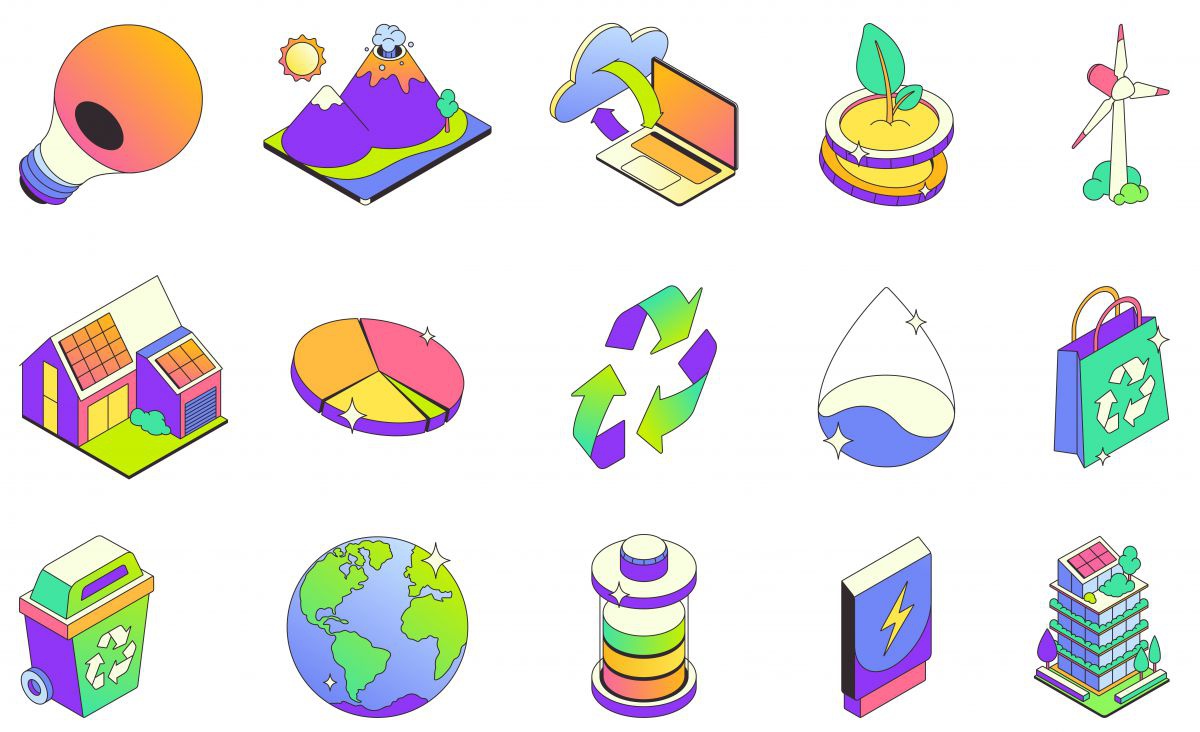 verschiedene bunt gestaltete Illustrationen zum Thema nachhaltige Energie, Recycling, Klima...