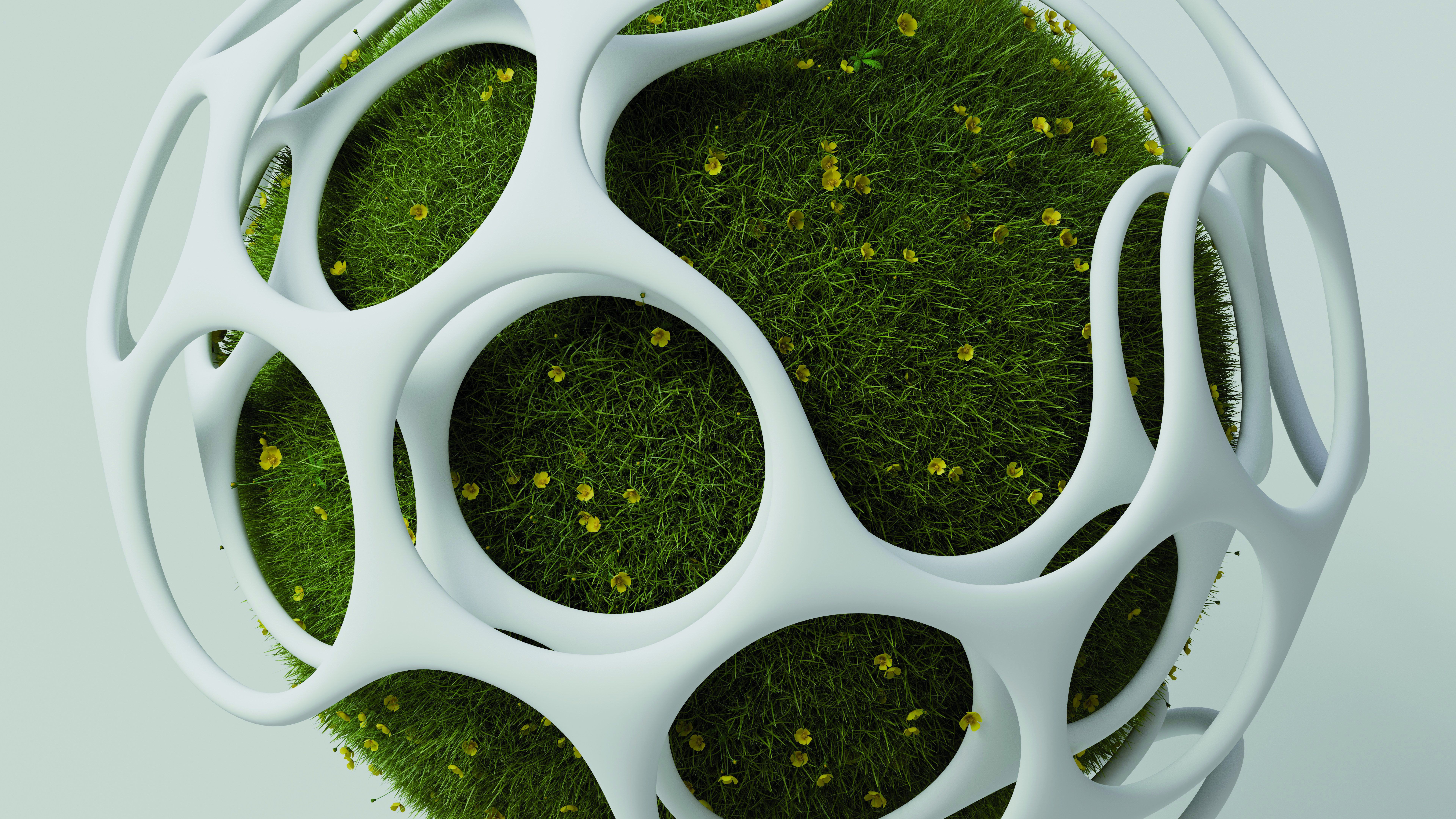 Illustration einer mit Blumenwiese bewachsener Kugel, die von einer Art weißem Gitter mit kreisförmigen Öffnungen überzogen ist.