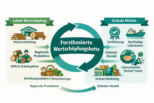 Ein KI-Bild, dass mit Holz- und Waldwirtschaftsbildern die forstbasierte Wertschöpfungskette illustriert. 