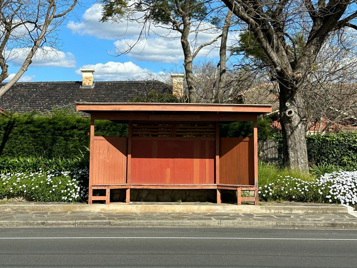 Leeres Haltestellenhäuschen aus Holz an einer menschenleeren Straße, daneben blühende Wiese und dahinter ländliche Häuserdächer hinter hohen Bäumen.