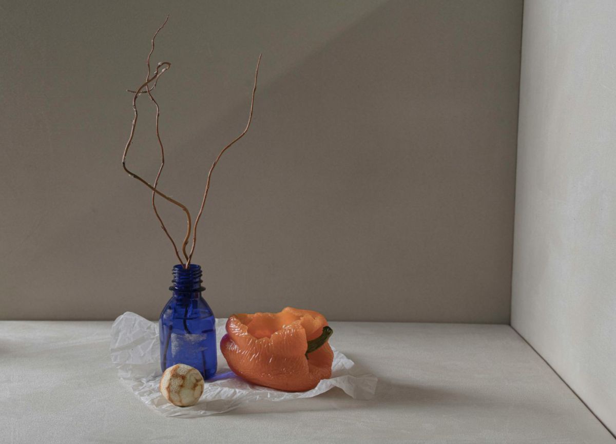 Stilleben Kreislaufwirtschaft: auf einem zerknitterten Papiertuch steht ein Fläschen aus blauem Glas, in das ein kahler Zweig eingewässert ist. Daneben liegt eine Zitrone, deren Schale rundherum abgerieben wurde und eine verschrumpelte, halb gegessene gel