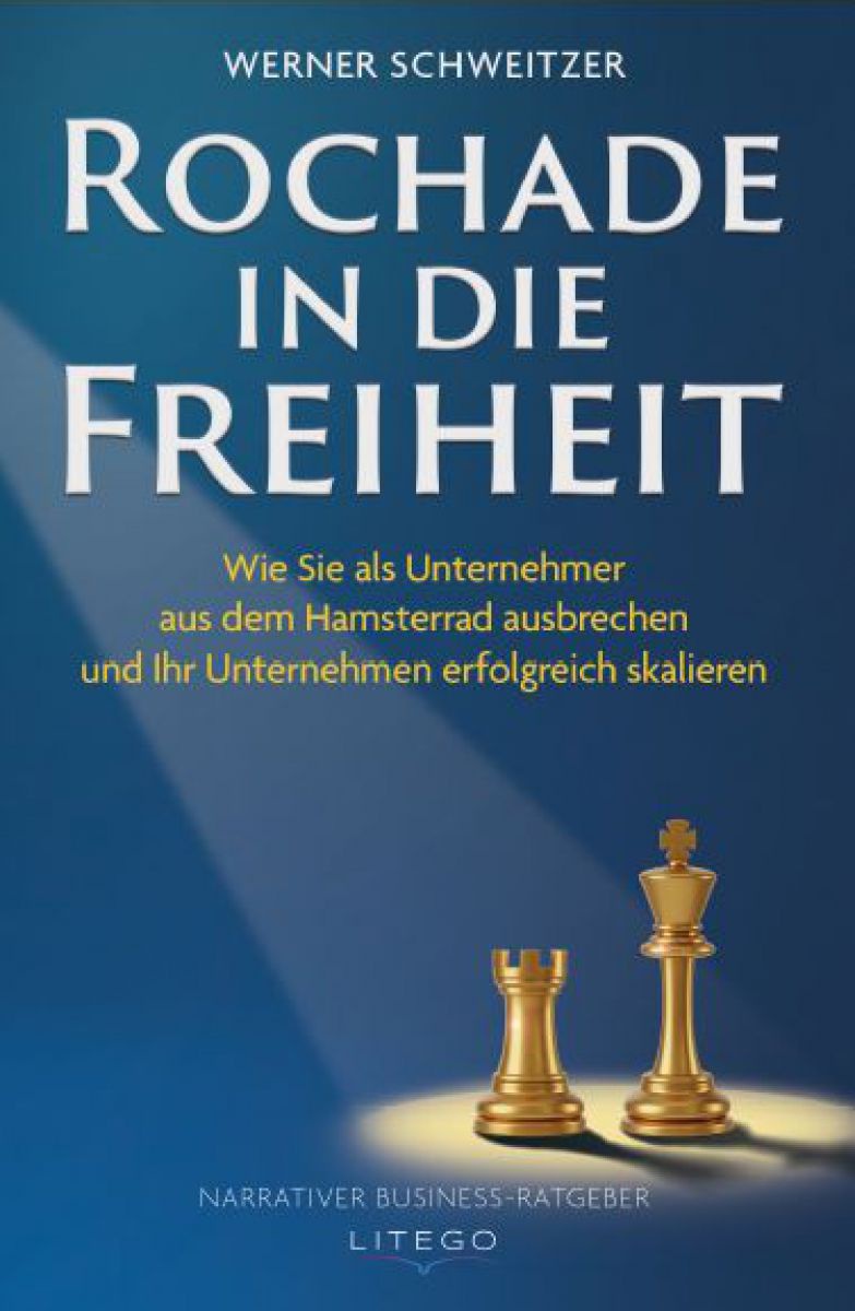 Auf blauem Hintergrund steht der Titel des buches und man sieht goldene Schachfiguren.