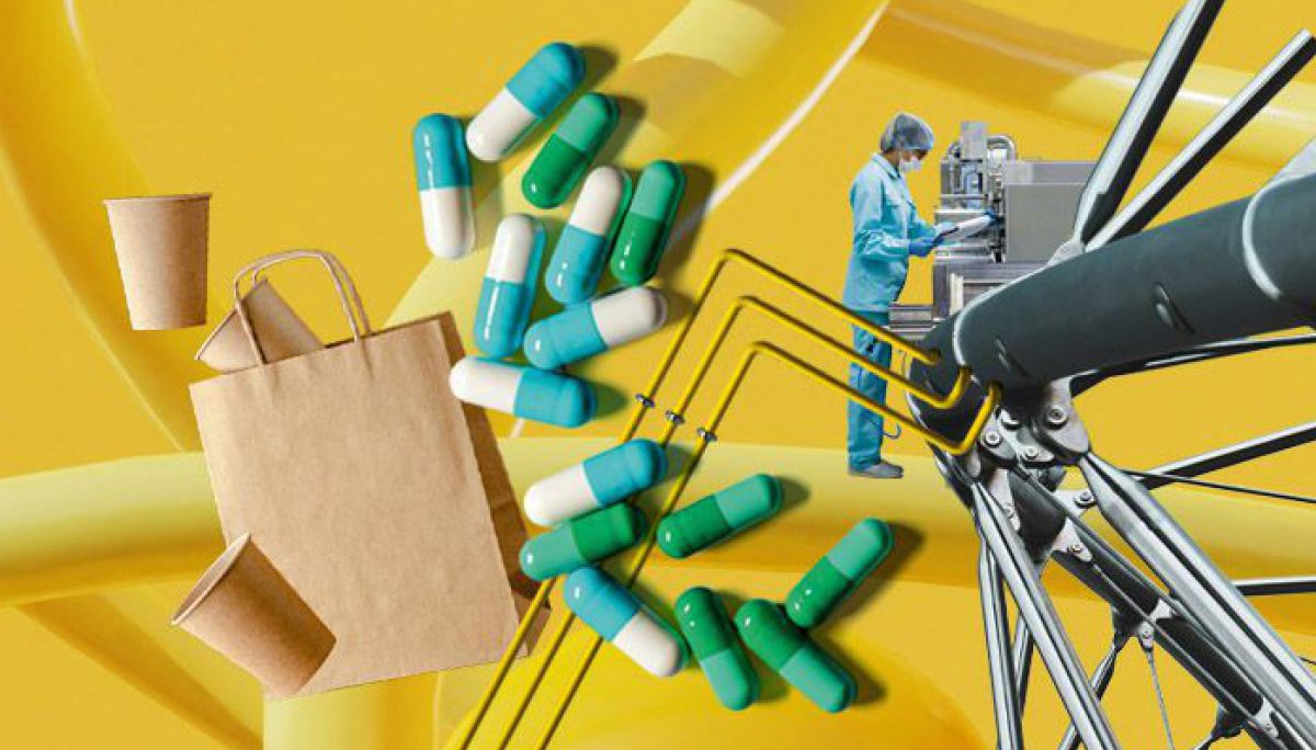 Illustration des Covers der Businessart: Auf gelbem Hintergrund ist eine Collage aus grünen und weißen Medikamenten-Kapseln, einer Papiertüte und Einwegbechern, einer Person in Schutzkleidung an einer Produktionsanlage sowie einem Fahrradrahmen zu sehen