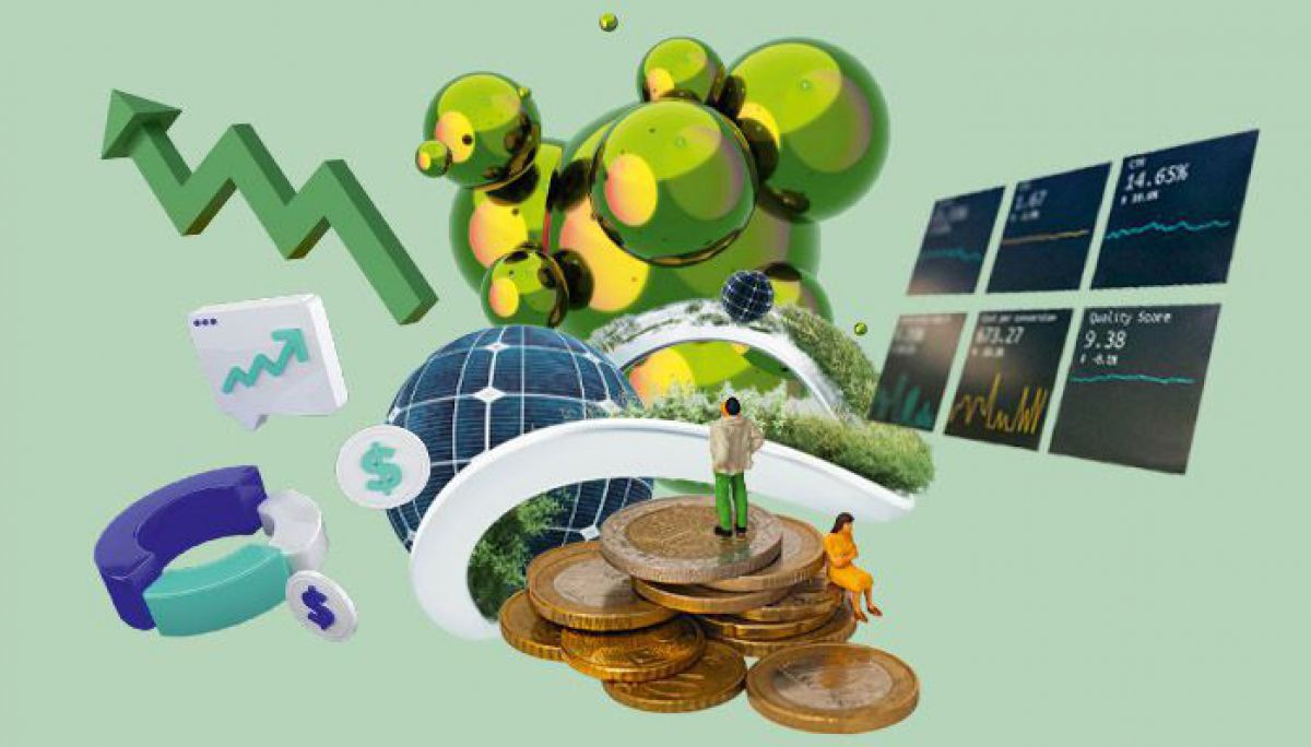 Auf grünem Hintergrund Symbole aus der Finanzwelt zu sehen wie ein steigender Börsenkurs, mehrere Finanzentwicklungscharts, ein Münzstapel und ein grüner Kreis auf dem eine Wiese wächst als Symbol für Kreislaufwirtschaft. 