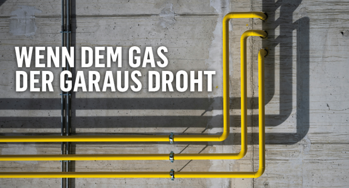 Das Bild zeigt drei gelbe Röhren, die an iener Betonwand geführt und befestigt sind. Titel: Wenn dem Gas der Garaus droht.