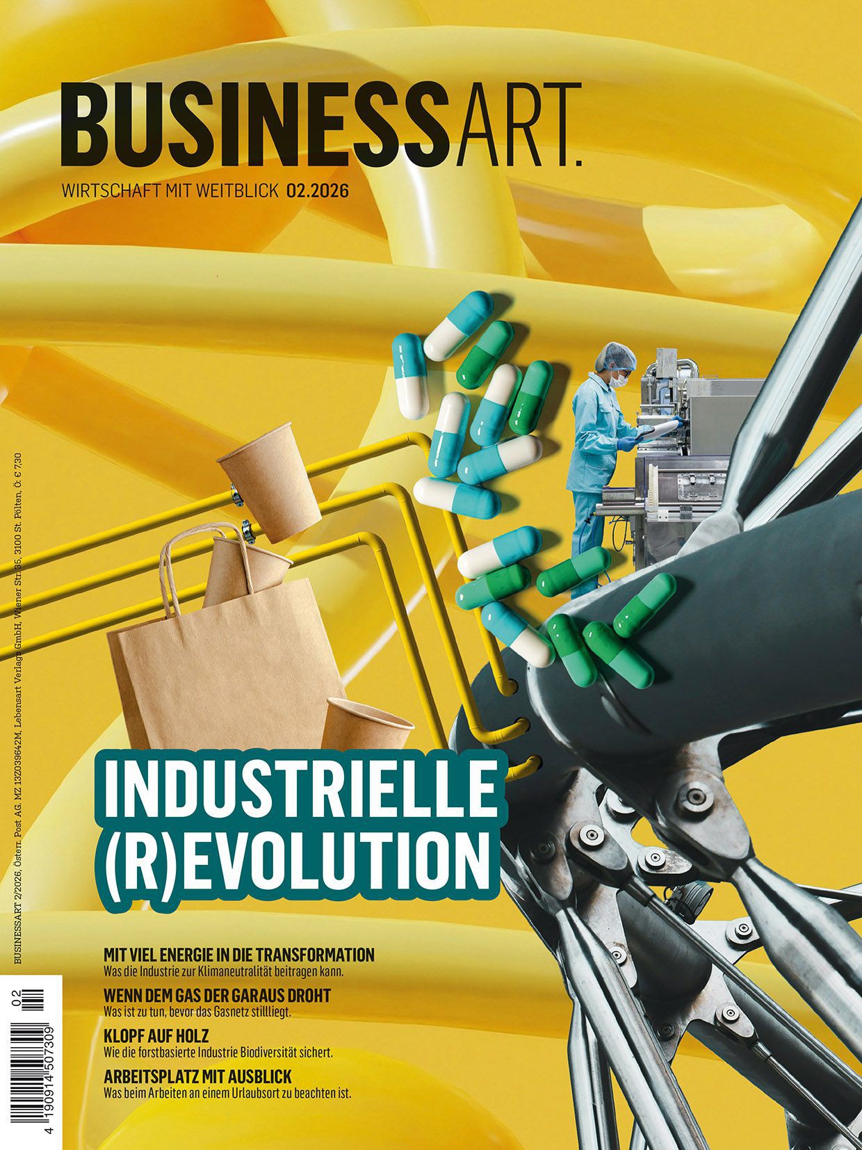 Die Farbe Gelb dominiert das Cover. Gelbe verschlungene Röhren im Hintergrund, darauf ein metallischer Roboterarm, braune Papiertüten und Becher, einige Pillenkapseln in Grün-Blau-Weiß, eine Person in Laborkleidung bei der Arbeit an einer Maschine. Titel 