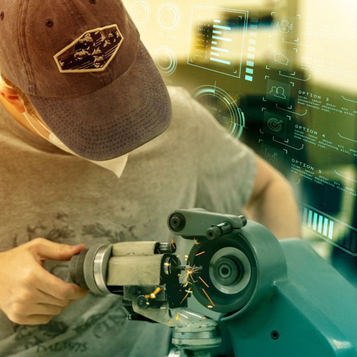 Eine Person, deren Gesicht von einer grauen Schirmkappe verdeckt ist, arbeitet an einer Maschine zur präzisen Metallbearbeitung. Im Hintergrund ein großer Bildschirm mit den digitalen Steuerungspanelen.