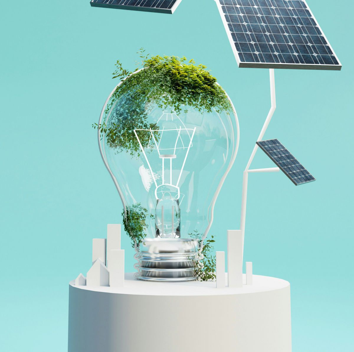 Glühbirne, Solarflächen, Grünes Gewächs auf türkisem Hintergrund. Symbolbild für Energie