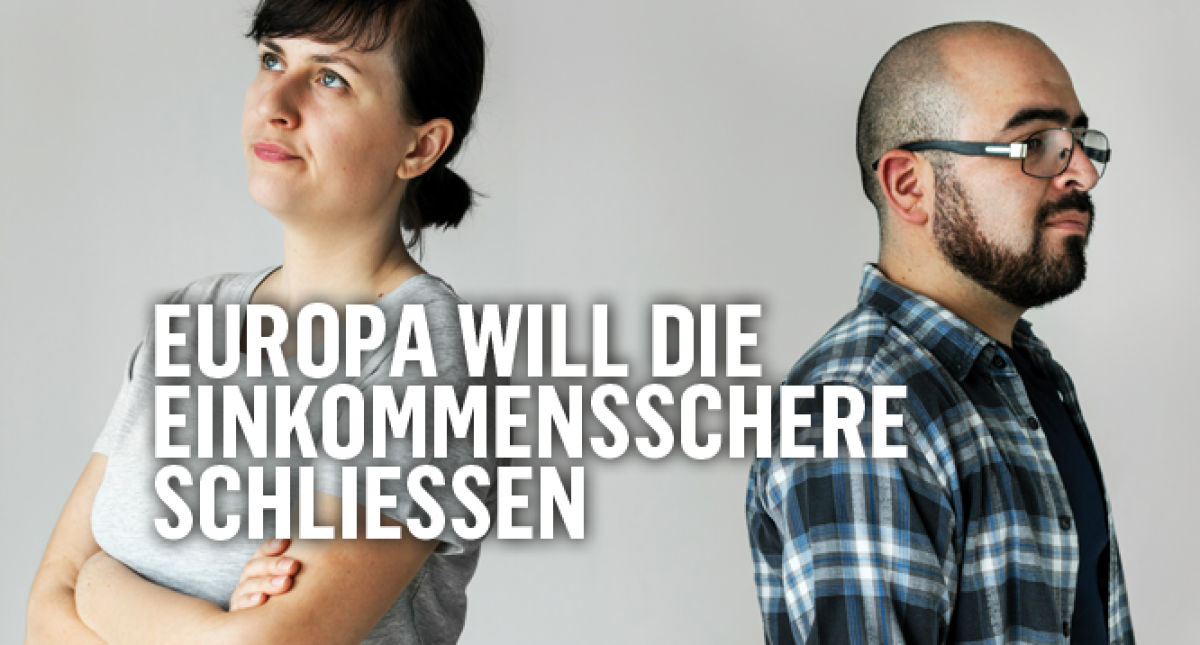 Ein Mann und eine Frau stehen mit den Rücken zueinander, sie hat ihre Arme verschränkt und blickt mit gekräuselten Lippen schräg nach oben in die Ferne. Der Mann hat einen etwas ratlosen Gesichtsausdruck und lässt die Schultern hängen. Titelüberschrift: E