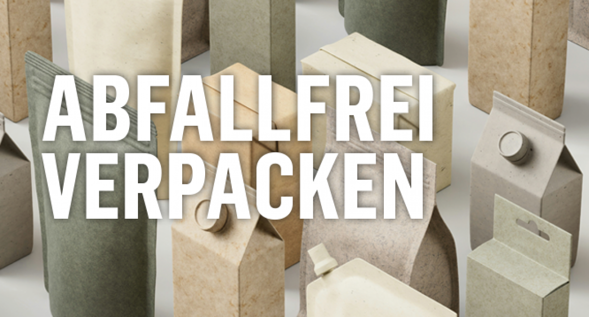 Verpackungen aus Recyclingmaterialien in allen möglichen Formen und Farben zwischen Grau, Weiß und Beige. Darüber die Titelüberschrift in weißen Großbuchstaben: ABFALLFREI VERPACKEN