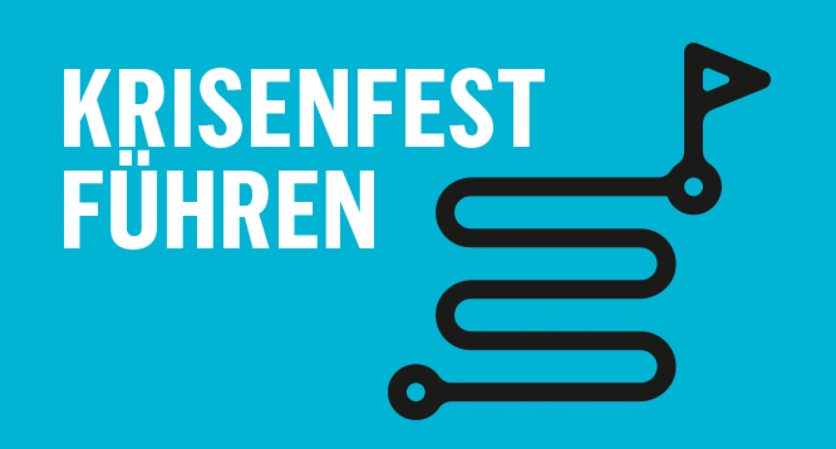 Auf hellblauem Hintergrund ist eine schwarze Illustration im Piktogrammstil gezeichnet: Eine geschlängelte Linie, an deren Beginn und Ende ein kleiner Kreis steht. Im Kreis am Ende steckt ein Fähnchen. Titelüberschrift in weißen Großbuchstaben: KRISENFEST