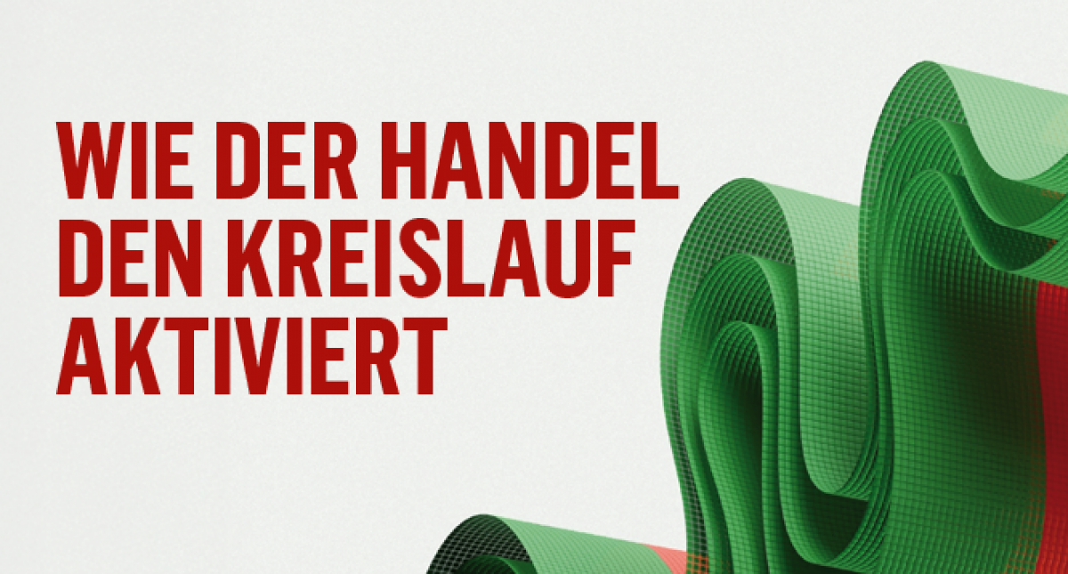Titelüberschrift in dunkelrot auf hellgrauem Grund: WIE DER HANDEL DEN KREISLAUF AKTIVIERT. Die Illustration daneben zeigt eine zu einer Welle geformte, grün-rot-gestreifte, dreilagige Gewebebahn.