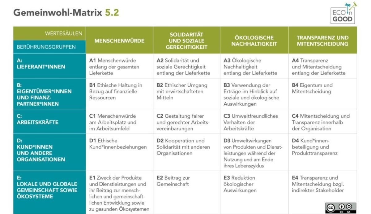 Tabelle Gemeinwohl-Matrix mit den Spalten 