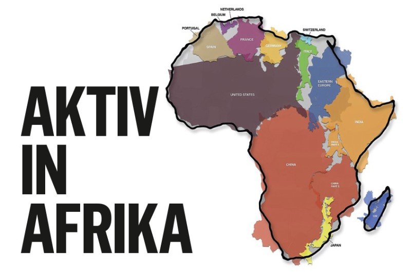 Das Bild zeigt eine Landkarte von Afrika, in die die Fläche anderer Länder eingezeichnet ist. True_size_of_Africa free By Kai Krause [CC0], via Wikimedia Commons