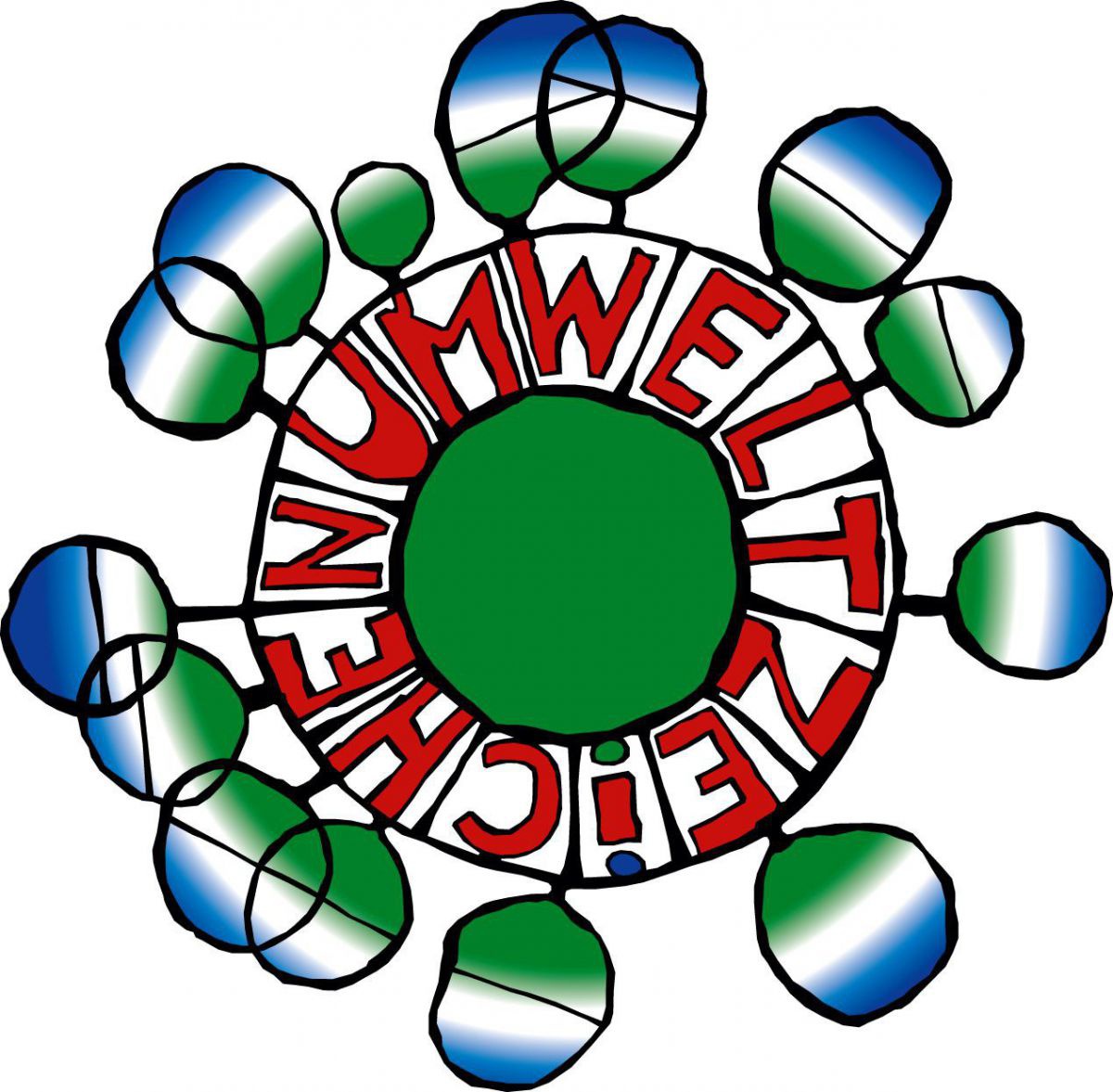 Das Umweltzeichen: ein grüner Kreis in der Mitte, rundherum in roter Schrift angeordnet das Wort 