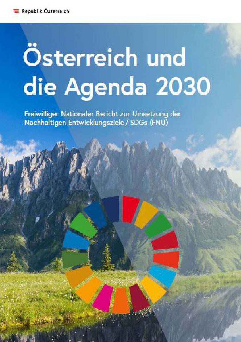 Cover des sdgs-bericht-oesterreich-2020. Berge im Hintergrund. Im Vordergrund die 17 Ziele als Kreis mit unterschiedlichen Farben symbolisiert
